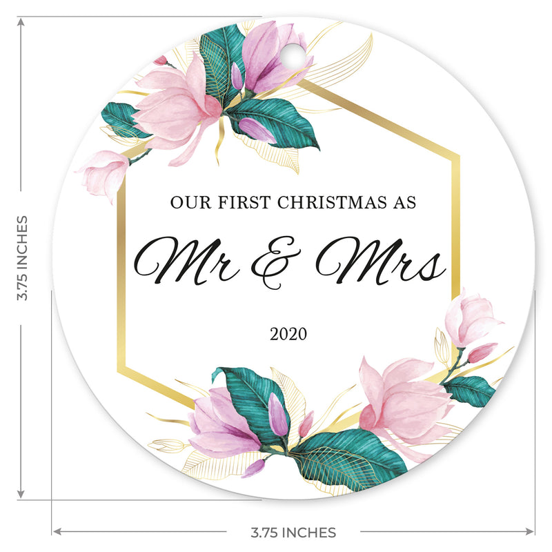 Our First Christmas As Mr & Mrs 2020, Christmas Decorations Gift Ornament, Round Metal Ornament, Velvet Pouch Included, By Soul Décor