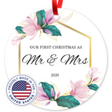 Our First Christmas As Mr & Mrs 2020, Christmas Decorations Gift Ornament, Round Metal Ornament, Velvet Pouch Included, By Soul Décor