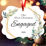 Our First Christmas Engaged 2020, Christmas Tree Decorations Gift Ornaments, Rectangle Metal Ornament, Velvet Pouch Included, By Soul Décor