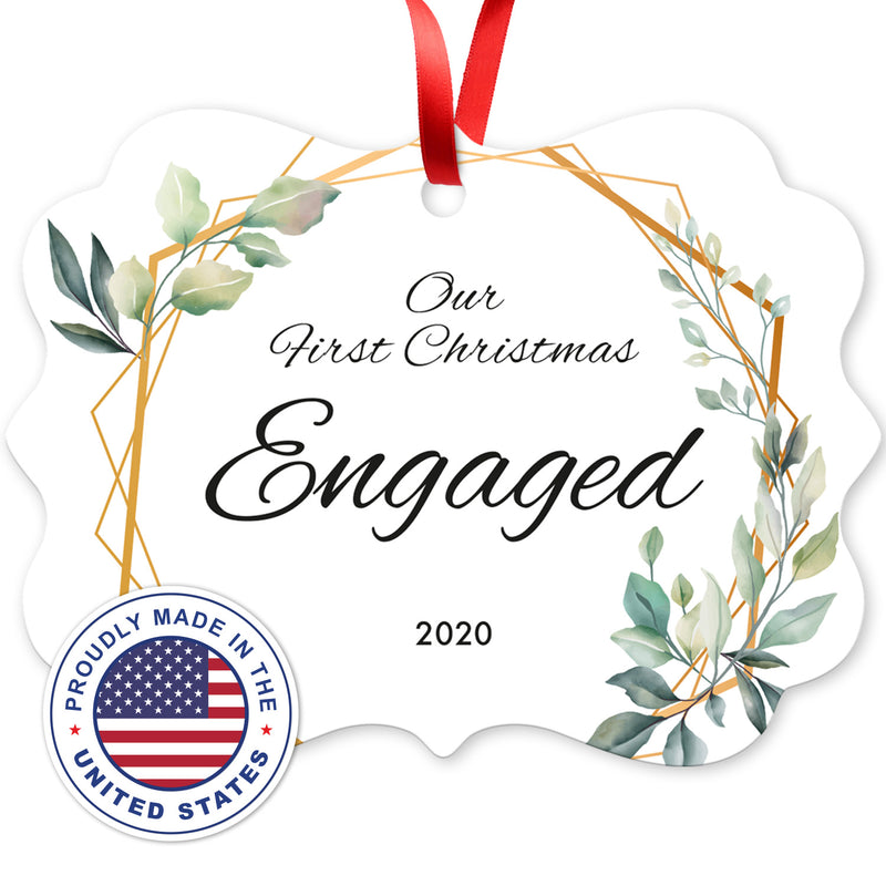 Our First Christmas Engaged 2020, Christmas Tree Decorations Gift Ornaments, Rectangle Metal Ornament, Velvet Pouch Included, By Soul Décor