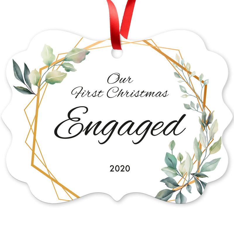 Our First Christmas Engaged 2020, Christmas Tree Decorations Gift Ornaments, Rectangle Metal Ornament, Velvet Pouch Included, By Soul Décor