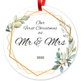 Our First Christmas As Mr & Mrs 2020, Christmas Tree Decorations Gift Ornaments, Round Metal Ornament, Velvet Pouch Included, By Soul Décor