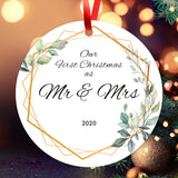 Our First Christmas As Mr & Mrs 2020, Christmas Tree Decorations Gift Ornaments, Round Metal Ornament, Velvet Pouch Included, By Soul Décor