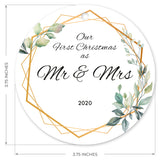 Our First Christmas As Mr & Mrs 2020, Christmas Tree Decorations Gift Ornaments, Round Metal Ornament, Velvet Pouch Included, By Soul Décor