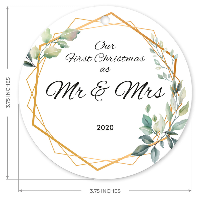 Our First Christmas As Mr & Mrs 2020, Christmas Tree Decorations Gift Ornaments, Round Metal Ornament, Velvet Pouch Included, By Soul Décor