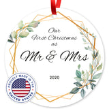 Our First Christmas As Mr & Mrs 2020, Christmas Tree Decorations Gift Ornaments, Round Metal Ornament, Velvet Pouch Included, By Soul Décor