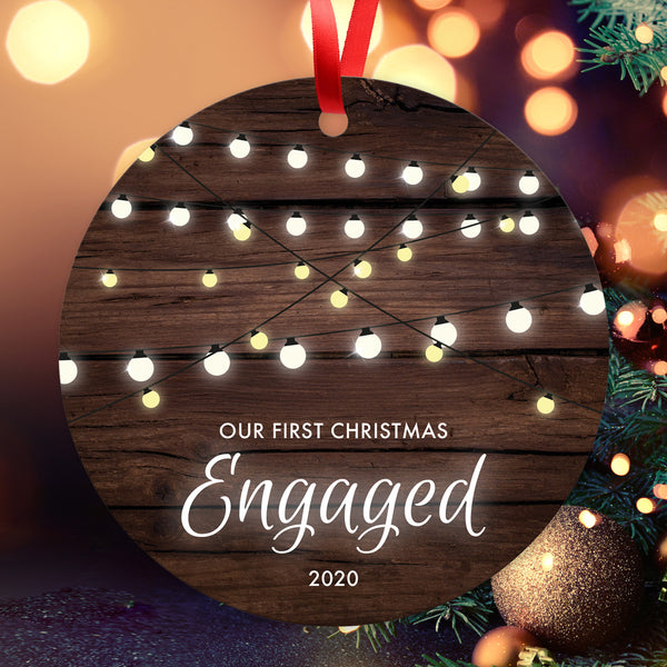 Our First Christmas Engaged 2020, Christmas Decoration For The Home, Round Metal Ornament, Velvet Pouch Included, By Soul Décor