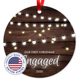 Our First Christmas Engaged 2020, Christmas Decoration For The Home, Round Metal Ornament, Velvet Pouch Included, By Soul Décor