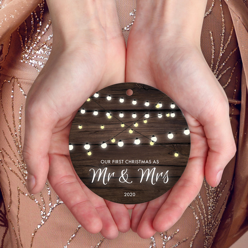 Our First Christmas As Mr & Mrs 2020, Christmas Decoration For The Home, Round Metal Ornament, Velvet Pouch Included, By Soul Décor