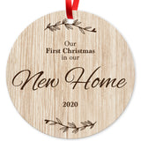 Our First Christmas In Our New Home 2020, Christmas Decoration For The Home, Round Metal Ornament, Velvet Pouch Included, By Soul Décor