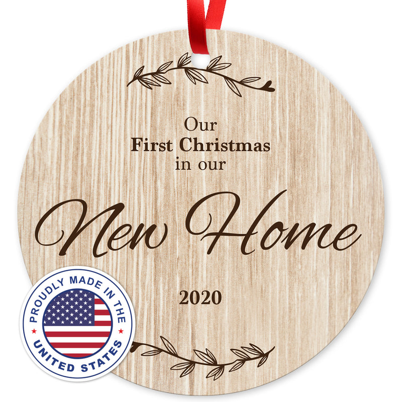 Our First Christmas In Our New Home 2020, Christmas Decoration For The Home, Round Metal Ornament, Velvet Pouch Included, By Soul Décor