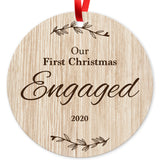 Our First Christmas Engaged 2020, Christmas Tree Décor Gift Ornaments, Round Metal Ornament, Velvet Pouch Included, By Soul Décor