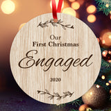 Our First Christmas Engaged 2020, Christmas Tree Décor Gift Ornaments, Round Metal Ornament, Velvet Pouch Included, By Soul Décor