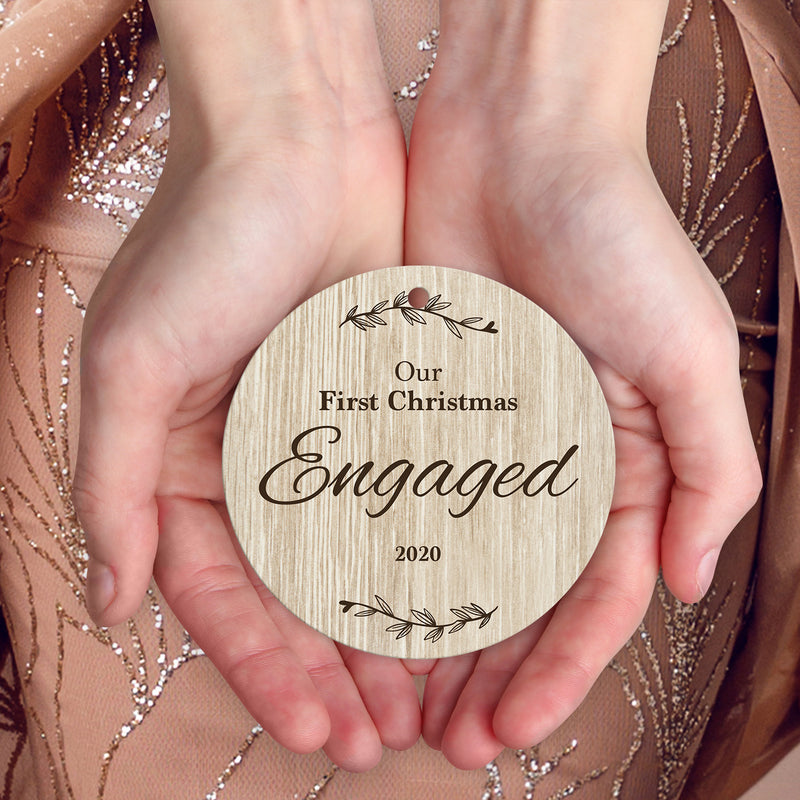 Our First Christmas Engaged 2020, Christmas Tree Décor Gift Ornaments, Round Metal Ornament, Velvet Pouch Included, By Soul Décor