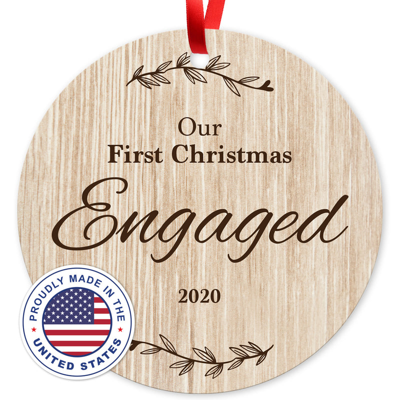 Our First Christmas Engaged 2020, Christmas Tree Décor Gift Ornaments, Round Metal Ornament, Velvet Pouch Included, By Soul Décor