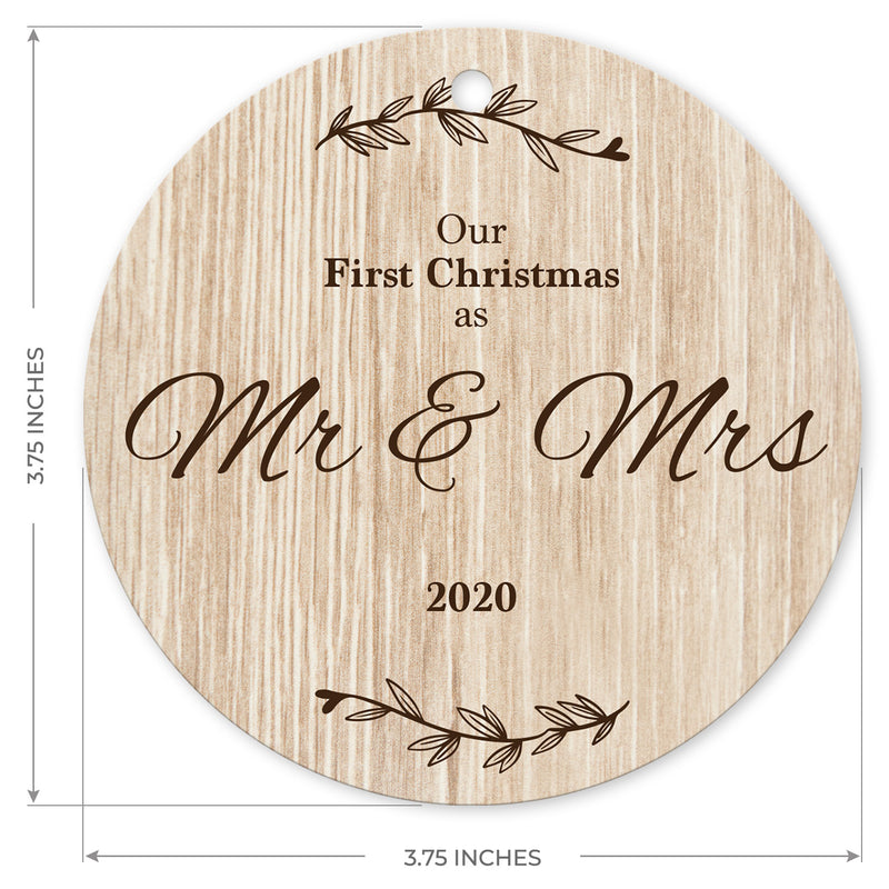 Our First Christmas As Mr & Mrs 2020, Christmas Tree Décor Gift Ornaments, Round Metal Ornament, Velvet Pouch Included, By Soul Décor