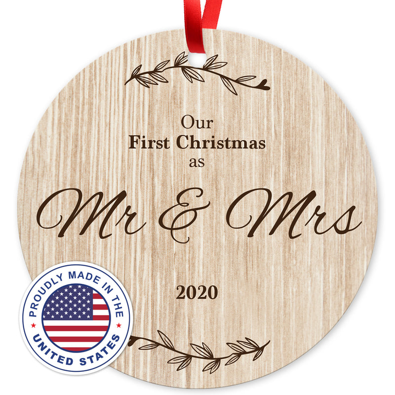 Our First Christmas As Mr & Mrs 2020, Christmas Tree Décor Gift Ornaments, Round Metal Ornament, Velvet Pouch Included, By Soul Décor