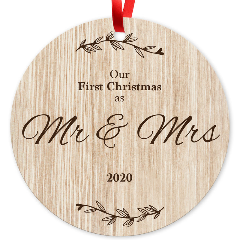 Our First Christmas As Mr & Mrs 2020, Christmas Tree Décor Gift Ornaments, Round Metal Ornament, Velvet Pouch Included, By Soul Décor