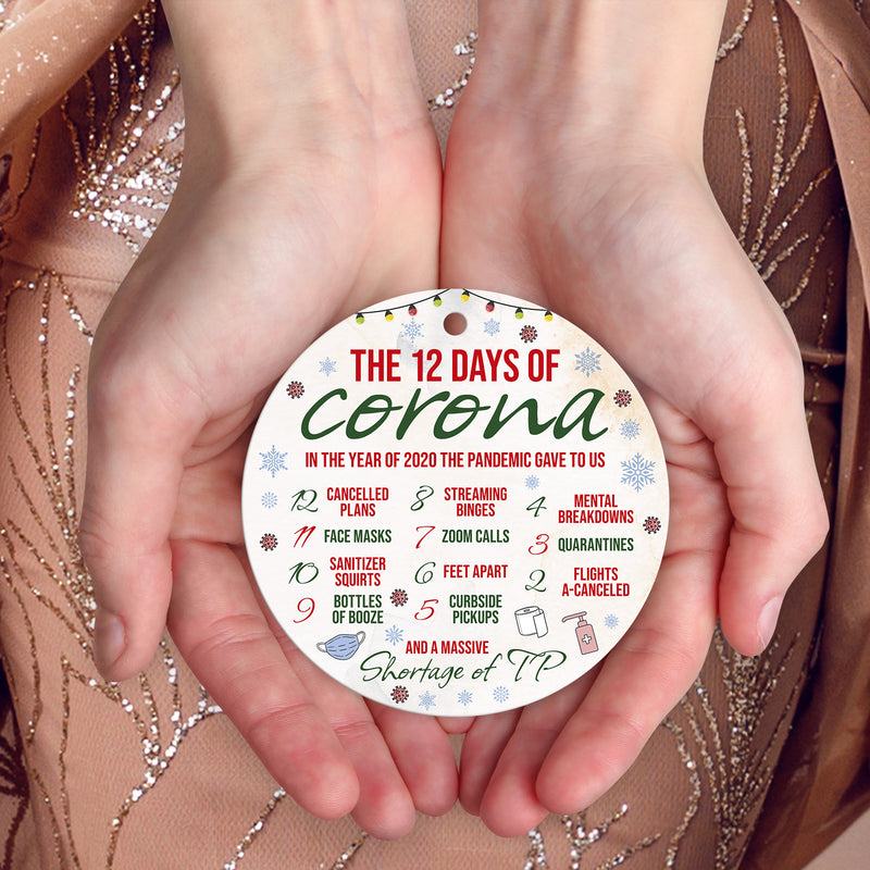 The 12 Days Of Corona Christmas Ornament, Large 3.75" Round Metal Ornament, Velvet Pouch Included