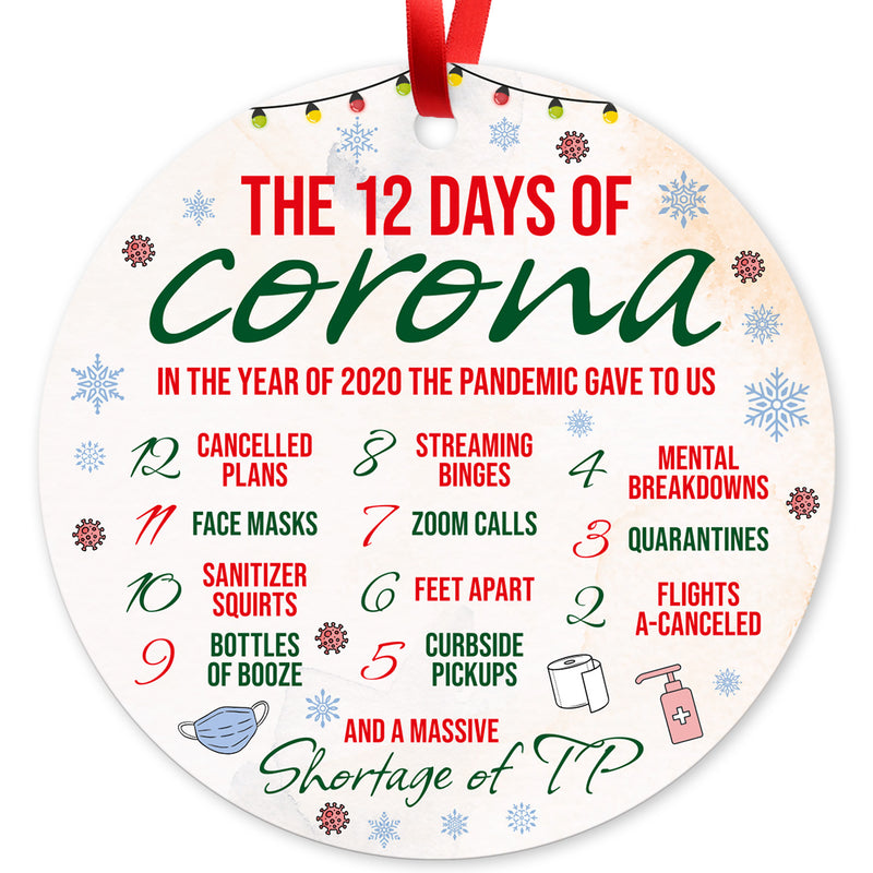 The 12 Days Of Corona Christmas Ornament, Large 3.75" Round Metal Ornament, Velvet Pouch Included